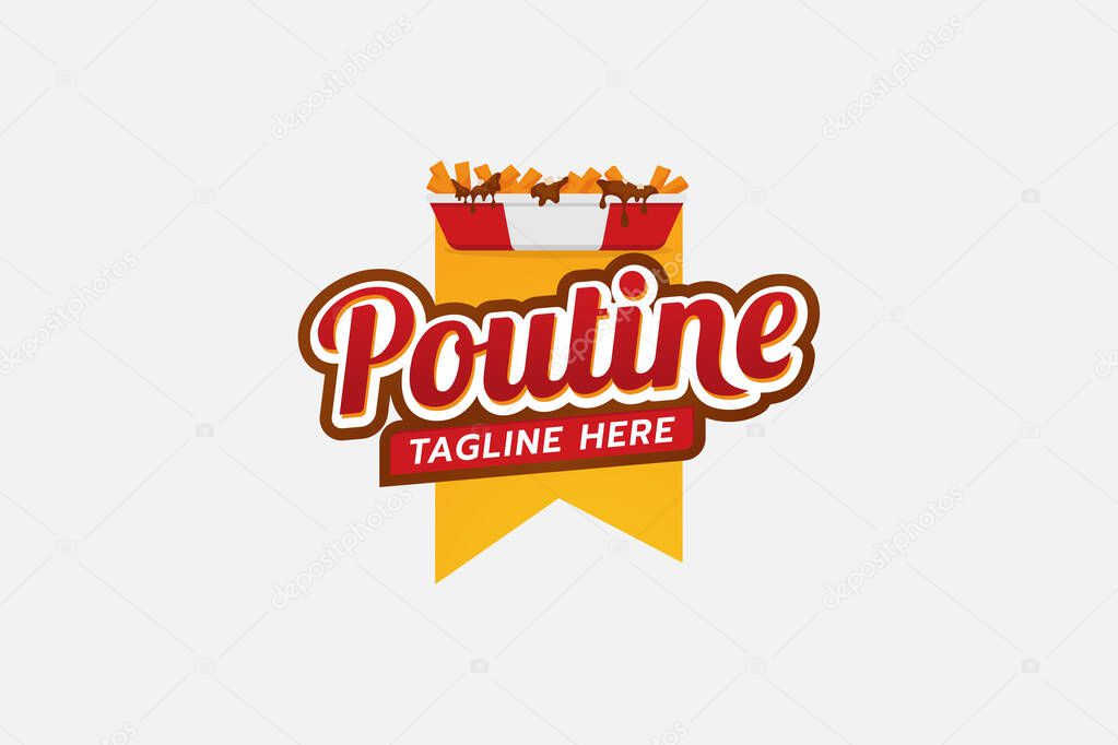 Poutine logo with a combination of poutine dishes consisting of french fries and cheese flakes, and added with thick sauce. This logo is suitable for food trucks, cafes, restaurants, etc.