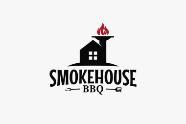 Yemek şirketleri, restoranlar, kafeler, yemek kamyonları vs. için ev, yangın ve barbekü aletleri kombinasyonu içeren duman evi logosu.