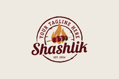 Şaşlık logosu, kafeler, restoranlar, yemek kamyonları ve benzeri şeyler için amblem şeklinde bir ateş ve şiş..