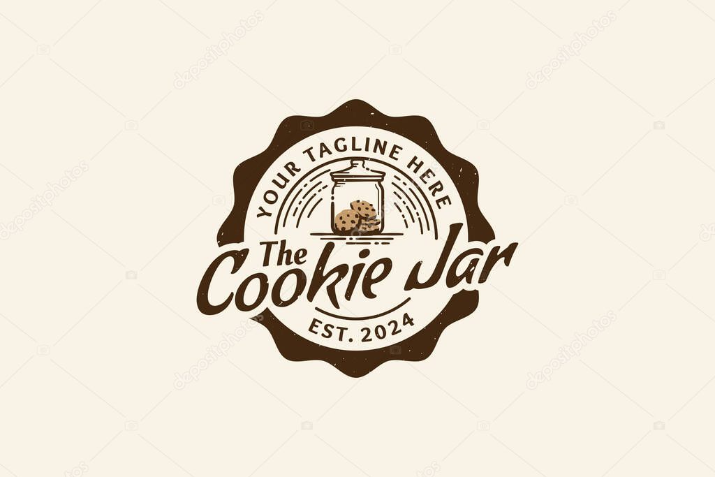 Cookie jar logo with a jar filled with cookies, in emblem shape and vintage style, for cookie shop, bakery, snack, cafe, etc.