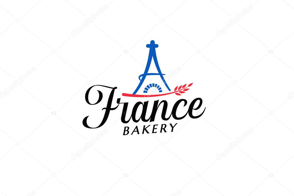 France bakery logo with combination of eiffel tower, traditional stove, and beautiful lettering. It is good for bakery shop, cafe, restaurant, etc.