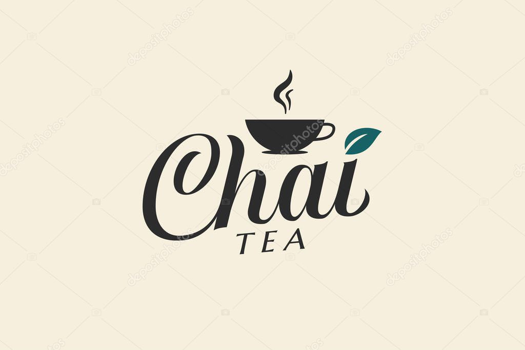 Chai tea logo with a combination of a cup of tea and beautiful lettering in vintage style. It's great for cafes, restaurants, food trucks, etc.