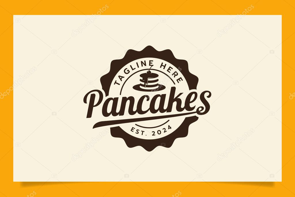 Pancakes logo in an emblem form with a stack of pancakes and beautiful lettering. It's good for cafe, restaurant, food truck, etc.