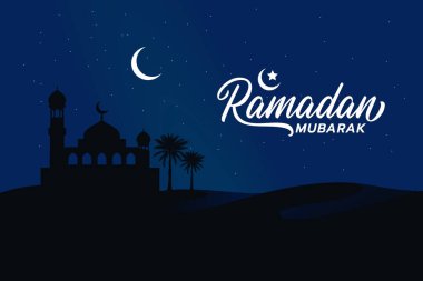 Çöldeki cami siluetinin gece görüşlü Ramazan arkaplanı. Kutlama kartı, Ramazan, Kurban Bayramı, Kurban Bayramı, vs. gibi İslami dini kutlamalar için iyidir..