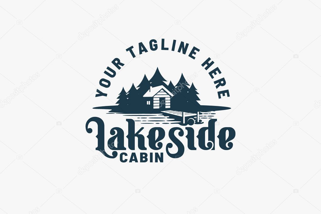 Lakeside cabin logo with a combination of pine forest, a wooden cabin and lake view. It is good for property business, rental, travel, etc.