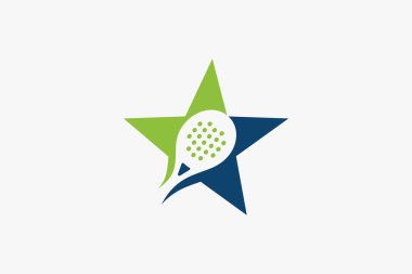 Patel logosu şablonu ve bir raket ve yıldız kombinasyonu. Kulüpler, mahkemeler, padel dükkanları, giyim kuşamları için harika..