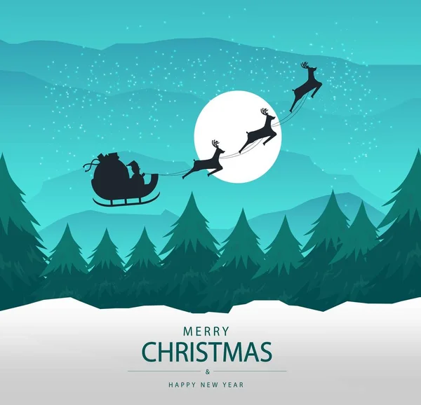 Silhouette with Santa Claus and bag full of gifts on winter background. Cartoon scene.lettering of Merry Christmas