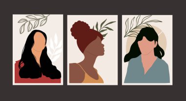 Soyut kadın portreleri olan modern posterler. Çağdaş duvar dekoru seti, boho tarzında resim baskıları