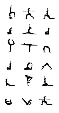 Yoga kadın seti. Yoga egzersizi. Ön, yan, arka, güzel çizgi filmin yogası. Forma giymiş güzel bir kız. Sağlıklı yaşam tarzı konsepti, izole edilmiş arkaplan çizimleri 