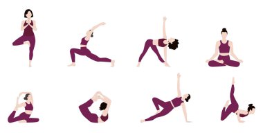 Yoga kadın seti. Yoga egzersizi. Ön, yan, arka, güzel çizgi filmin yogası. Forma giymiş güzel bir kız. Sağlıklı yaşam tarzı konsepti, izole edilmiş arkaplan çizimleri 