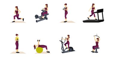 Spor salonunda egzersiz yapan bir grup kadın. Beyaz arkaplanda izole edilmiş vektör düz çizgi film çizimi 