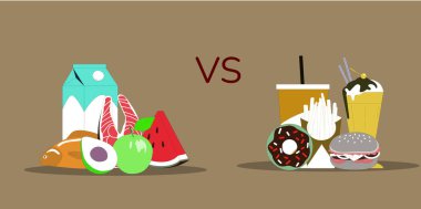 Woman choosing between healthy and unhealthy food concept flat illustration. Fastfood vs balanced menu comparison