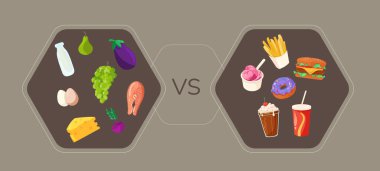 Woman choosing between healthy and unhealthy food concept flat illustration. Fastfood vs balanced menu comparison