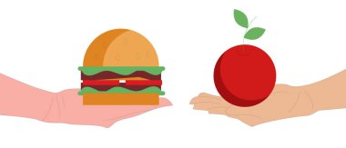 Woman choosing between healthy and unhealthy food concept flat illustration. Fastfood vs balanced menu comparison