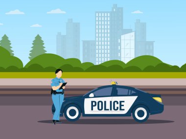 Woman police with car concept. Young girl near automobile. Protecting people from criminals. Street patrol and help. Detective with walkie talkie. Cartoon flat illustration