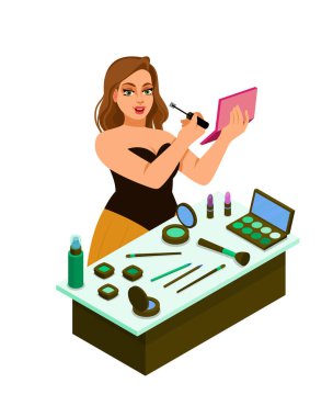 Makyaj, güzellik, kozmetik konsepti. Genç, gülümseyen kadın çizgi film karakteri güzel ve taze görünmesi için yüz pudrası sürerken özel fırça kullanıyor. Dermatoloji, kozmetoloji