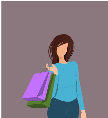Alışveriş çantalı mutlu kadın modern düz stil, basit insanlar ve moda konsepti renkli arka plan.