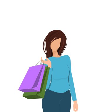 Alışveriş kızı. Renkli çantalı genç kız. Alışveriş torbaları tutan mutlu güzel kız. Alışveriş konsepti çizimi