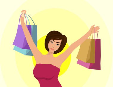 Alışveriş kızı. Renkli çantalı genç kız. Alışveriş torbaları tutan mutlu güzel kız. Alışveriş konsepti çizimi