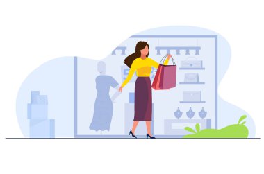 Güzel kadın alışveriş. Paketleri kızla. Moda. Vektör çizim karikatür tarzı