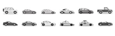 Modern passenger cars body types. Micro mini, small, hatchback, business vehicle, sedan family car, crossover,  suv, pickup, minivan, van. Isolated object icons on white background.