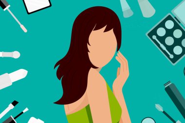 Vektör el çizimi - dekoratif ve bakım kozmetiği (krem, ruj, makyaj fırçası) ve yüzünde havluyla maske takan bir kız. Düz biçimdeki resimleme eğilimi