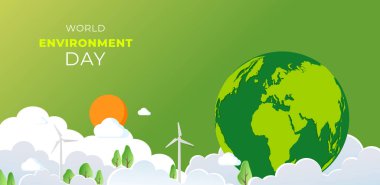 Dünya Çevre Günü posteri. İki el tutuşması, yeşil bitki ve küre. soyut vektör illüstrasyon tasarımı.