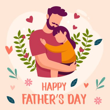 Babalar Günü 'nüz kutlu olsun. Baba oğlunu ve kızını kucağına aldı. Vektör düz el çizimi illüstrasyon. Yazıtlar, gelmiş geçmiş en iyi baba. Çiçek arkaplanlı izole bir kavram..