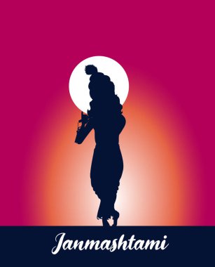 Lord Krishna 'nın flüt çaldığı Janmashtami metni ve arkaplanlı Dahi Handi vektör illüstrasyonu, Hint festivali Janmashtami kutlama afişi, dijital posta, poster ve kart tasarımı.