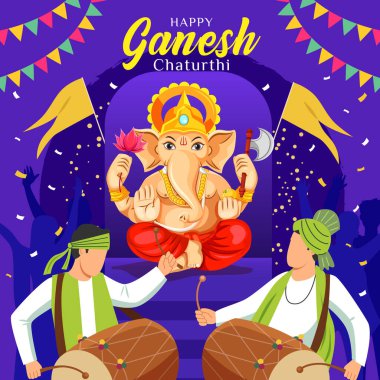 'Mutlu Ganesha Chaturthi' Hintçe metin ve Ganesha illüstrasyon vektörü afiş, şablon, posta ve davetiye tasarımı için arka planda Hint festivali