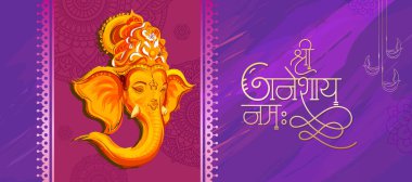 'Mutlu Ganesha Chaturthi' Hintçe metin ve Ganesha illüstrasyon vektörü afiş, şablon, posta ve davetiye tasarımı için arka planda Hint festivali