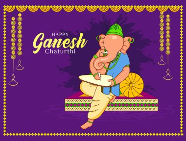 'Mutlu Ganesha Chaturthi' Hintçe metin ve Ganesha illüstrasyon vektörü afiş, şablon, posta ve davetiye tasarımı için arka planda Hint festivali