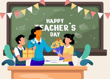 Dünya Öğretmenler Günü 5 Ekim. Öğrenciler öğretmenlerini sarı çiçek buketiyle selamlıyorlar. Sınıfta öğretmen eğitmeni. En sevdiği öğretmeni olan ilkokul çocukları.