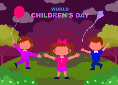 Erkek ve kız çocuklarıyla mutlu çocuk günü çizgi film tasarımı, uluslararası kutlama teması vektör illüstrasyonu