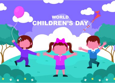 Erkek ve kız çocuklarıyla mutlu çocuk günü çizgi film tasarımı, uluslararası kutlama teması vektör illüstrasyonu