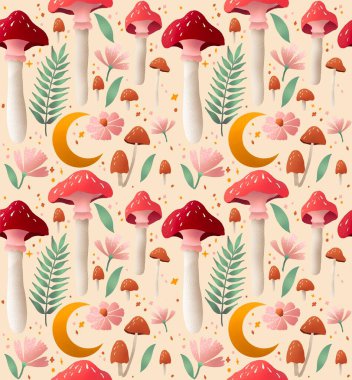 Seamless pattern, set of autumn woodland mushrooms wild flowers colorful, light  background. colorful natural trendy print surface. witchcraft wallpaper for stationary, wrapping paper, textile, wall