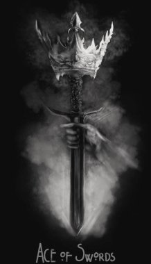 Tarot vektör kartı tasarımı Kılıç ustası el küçük arcana konsepti çizimi el gotik stil afiş baskı ruhları karanlık mistik sanat esrarengiz gotik otistik kılıç