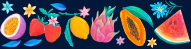 tropical fruits set isolated collection elements. passionfruit strawberry lemon dragon papaya watermelon Natural tropical Vegan kitchen healthy summer illustration on dark background exotic flowers clipart