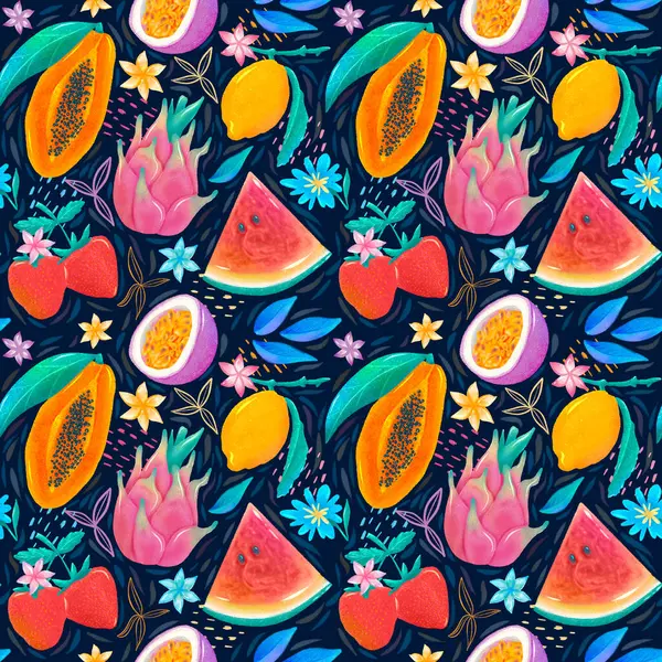 seamless pattern food decoration tropical fruit, fruits passionfruit strawberry lemon dragonfruit papaya watermelon tropical Vegan kitchen healthy summer illustration on dark blue background endless