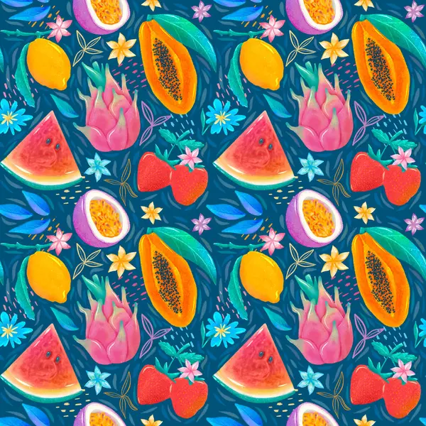 seamless pattern food decoration tropical fruit, fruits passionfruit strawberry lemon dragonfruit papaya watermelon tropical Vegan kitchen healthy summer illustration on dark blue background endless