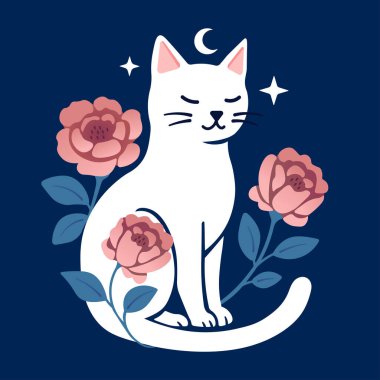 Hilal ay ve pembe çiçekli mistik beyaz kedi düz vektör illüstrasyonu, sihirli kedi sanatı, boho estetiği, cadı dekoru için esrarengiz tasarım, ruhani baskılar, ve rüya gibi gece teması, koyu renk.