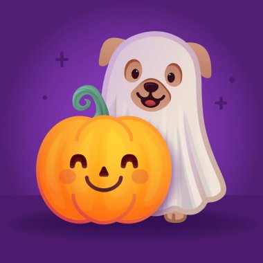 Şirin Cadılar Bayramı Köpeği Hayalet Gibi Giyinmiş Çocuklar, Sonbahar, Bayram tebrik kartları, Çıkartmalar, Posterler, Parti Dekorasyonu ve Tırmanış İçin Gülümseyen Balkabağı Sevimli Çizgi Film Köpeği