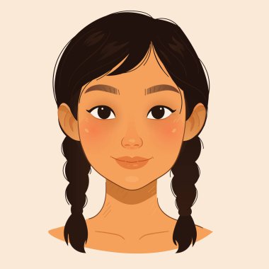Şirin vektör çizgi filmi siyah saçlı, örgü örmüş, gülümseyen, önden bakan, doğal makyajlı, büyük gözlü ve bej arka planda düz ışıklı, düz bir avatar çizen Asyalı kız.