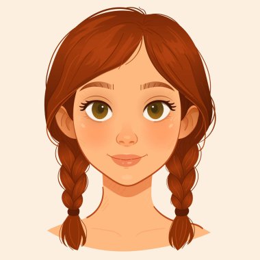 Şirin çizgi film beyaz saçlı, örgülü kahverengi saçlı, gülümseyen, doğal makyajlı, büyük gözlü, hafif ışıklandırmalı, bej arka planda düz vektör avatarı olan arkadaş canlısı genç bayan karakter. 