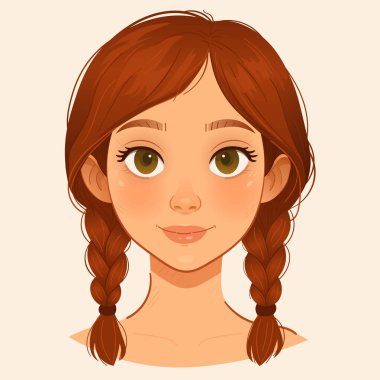 Şirin vektör çizgi filmi beyaz kız örgülü kahverengi saçlı, gülümseyen, önden bakan, doğal makyajlı genç bayan karakter büyük gözler ve bej arka planda hafif ışıklandırma düz vektör avatarı. 