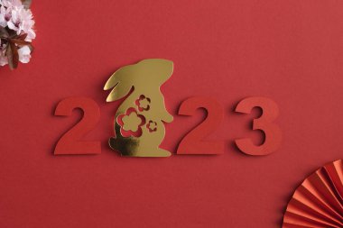 Çin Yeni Yılı, tavşan yılı. 2023 yılında altın tavşanlı ve kâğıtlı fanlar doğal erik çiçekleriyle kesilmiş. Uzayı kopyala Üst görünüm.