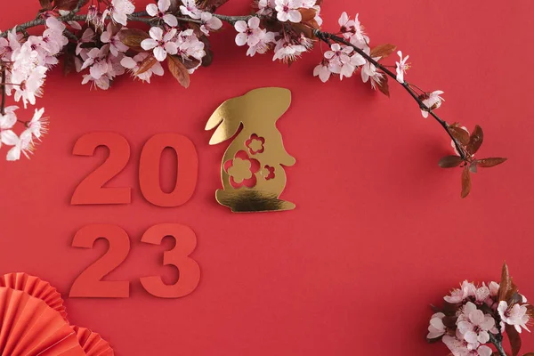 Çin Yeni Yılı, tavşan yılı. 2023 yılında altın tavşanlı ve kâğıtlı fanlar doğal erik çiçekleriyle kesilmiş. Uzayı kopyala Üst görünüm.