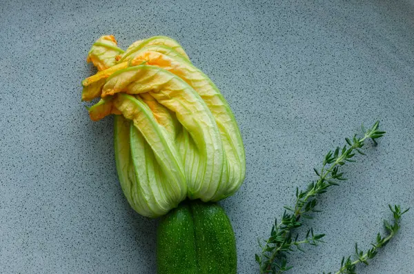 Tender Zucchini Flower Stone Background Copy Space Top View Vegetables — Stock Photo, Image
