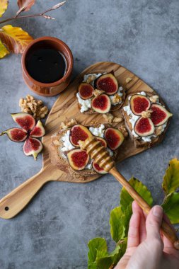 İncirli tost, peynir ve bal. Uzayı kopyala Dikey fotoğraf. Sonbahar yemeği..