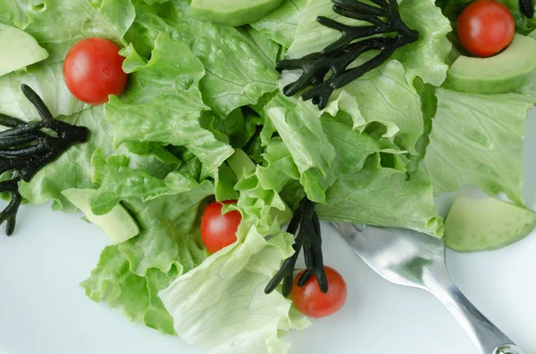 Mixed Salad Lettuce Tomatoes Seaweed Avocados Top View Copy Space — Stock Photo, Image